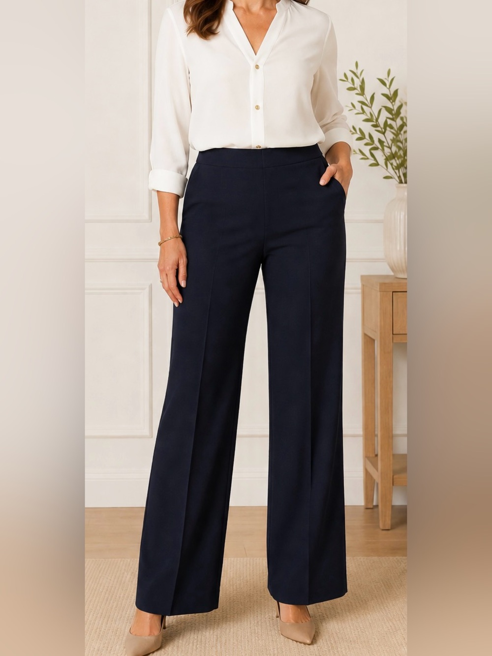 Talbots Navy Blue Wide Leg Dress Pants Trousers Size 14 Fully Lined EUC